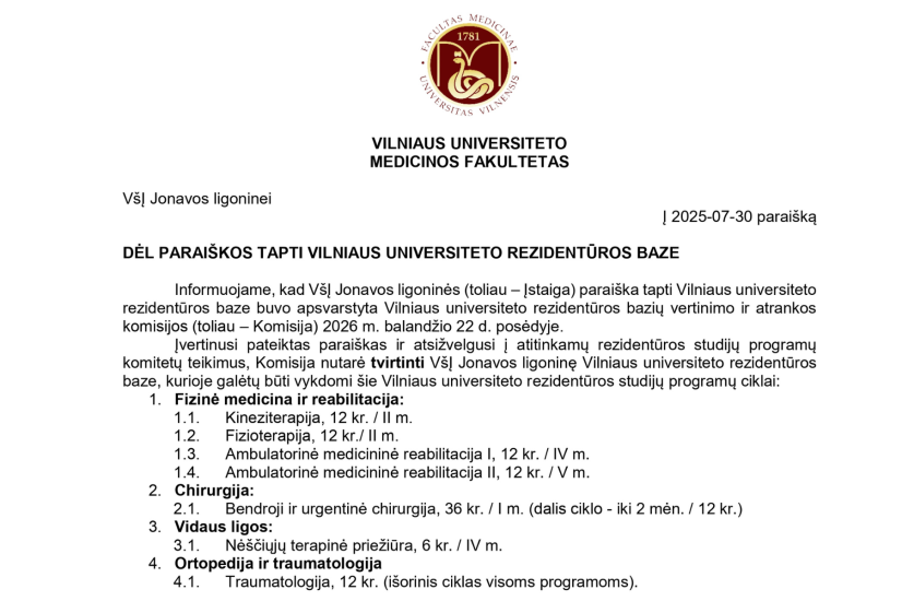 Jonavos ligoninė taps Vilniaus universiteto rezidentūros baze